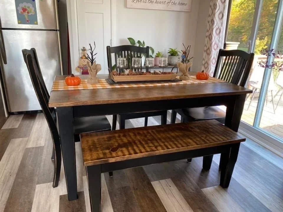 Tapered black base stained top with matching bench
