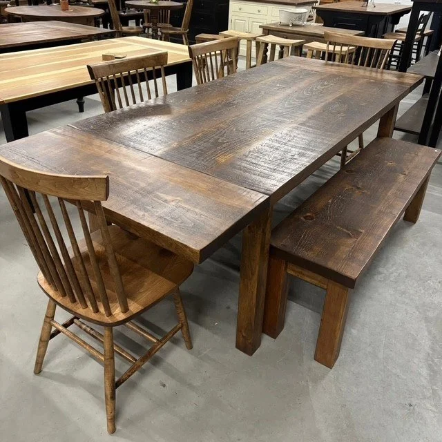 Square all stained top harvest table plus extensions