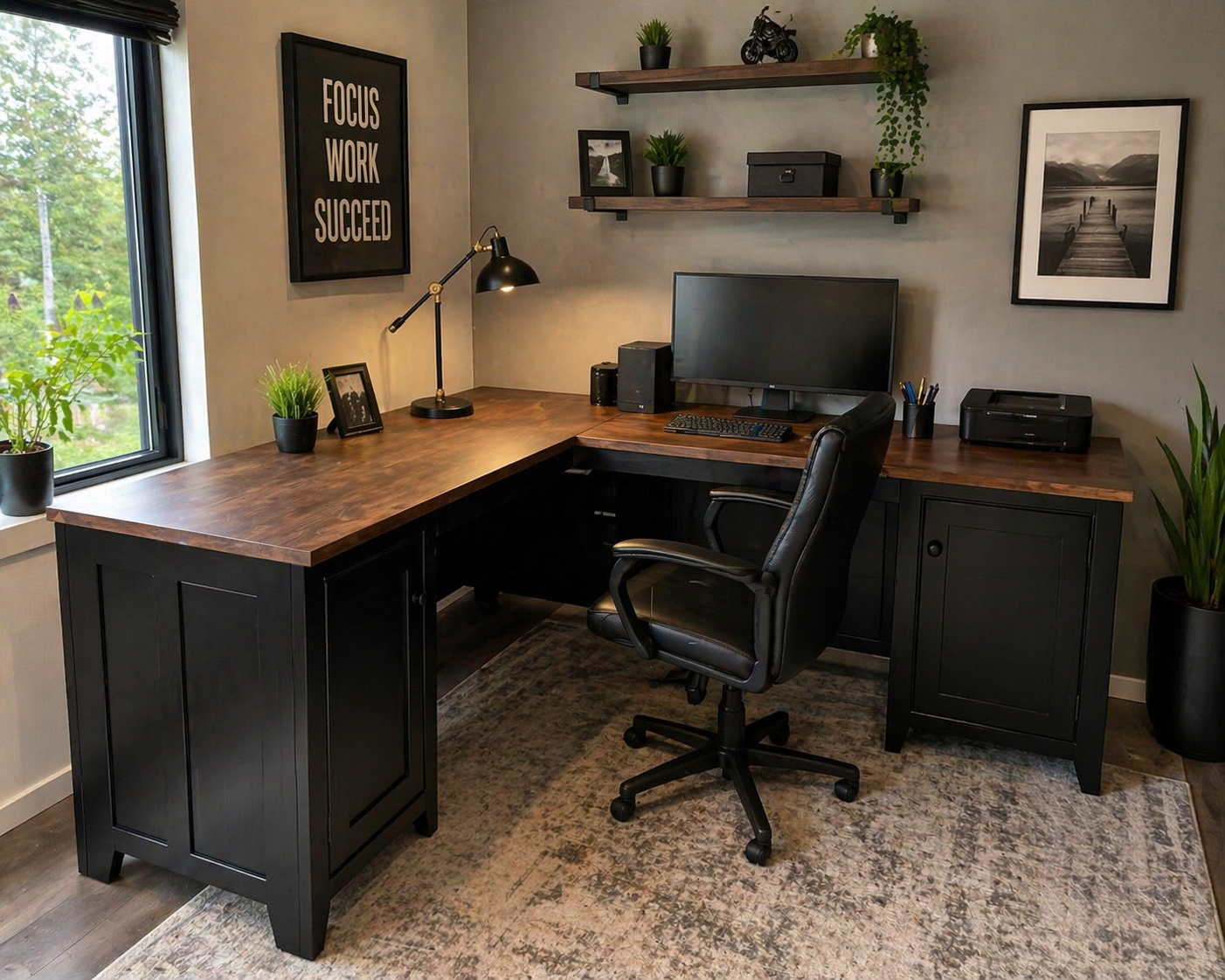 Solid maple Corner desk with doors in black