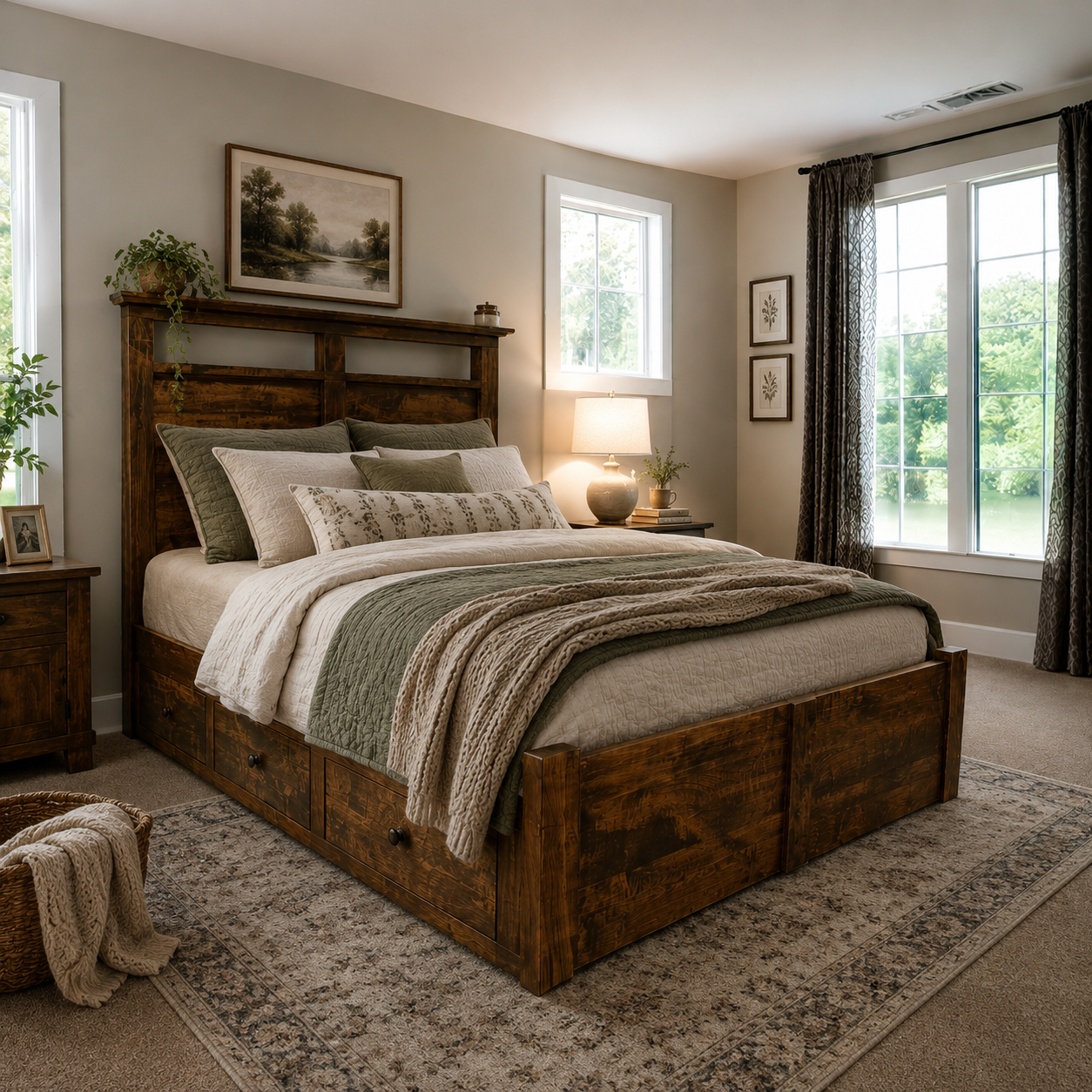 Solid platform bed with dawers
