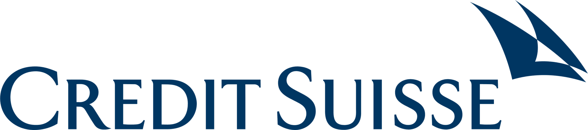 Logo of Credit Suisse featuring a stylized bird in flight and the company name in dark blue letters.