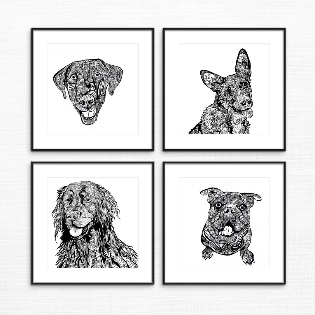 Abstract Dog Portraits - Pen & Ink Line Drawings