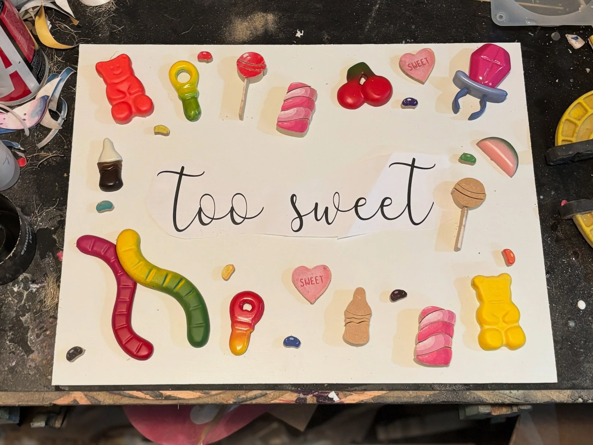 Plot twist: the candies are getting their own sign.

Once I had everything laid out for the original sign, there was just too much happening. So instead of forcing it, I split the idea in two.

The desserts are staying with the main name sign, and al