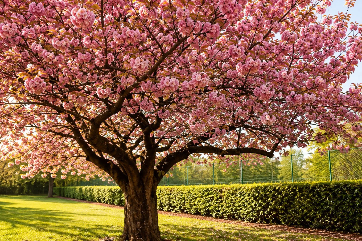A pink flowering cherry blossom tree in full bloom in a park with green grass, hedge, and a tennis court fence in the background.