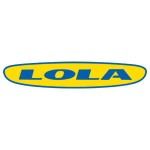 Lola logo in blue and yellow colors with an oval shape background.