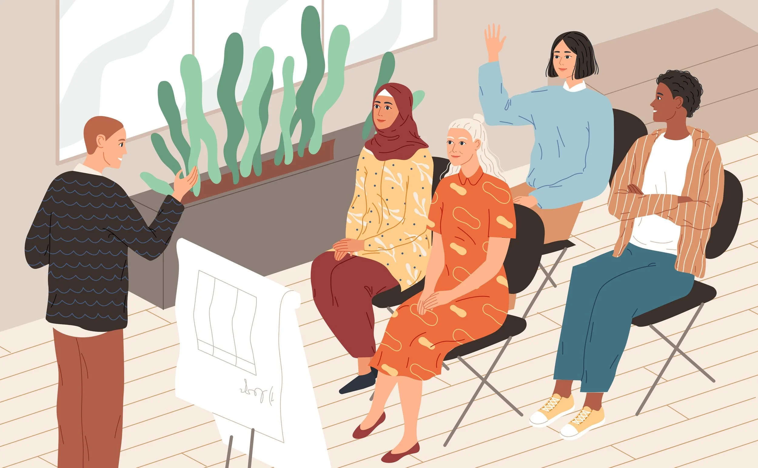 A group of five diverse women attending a presentation about plants, with one woman raising her hand. The presenter is standing beside a large whiteboard and a poster of a plant. The women are seated in foldable chairs, listening attentively.