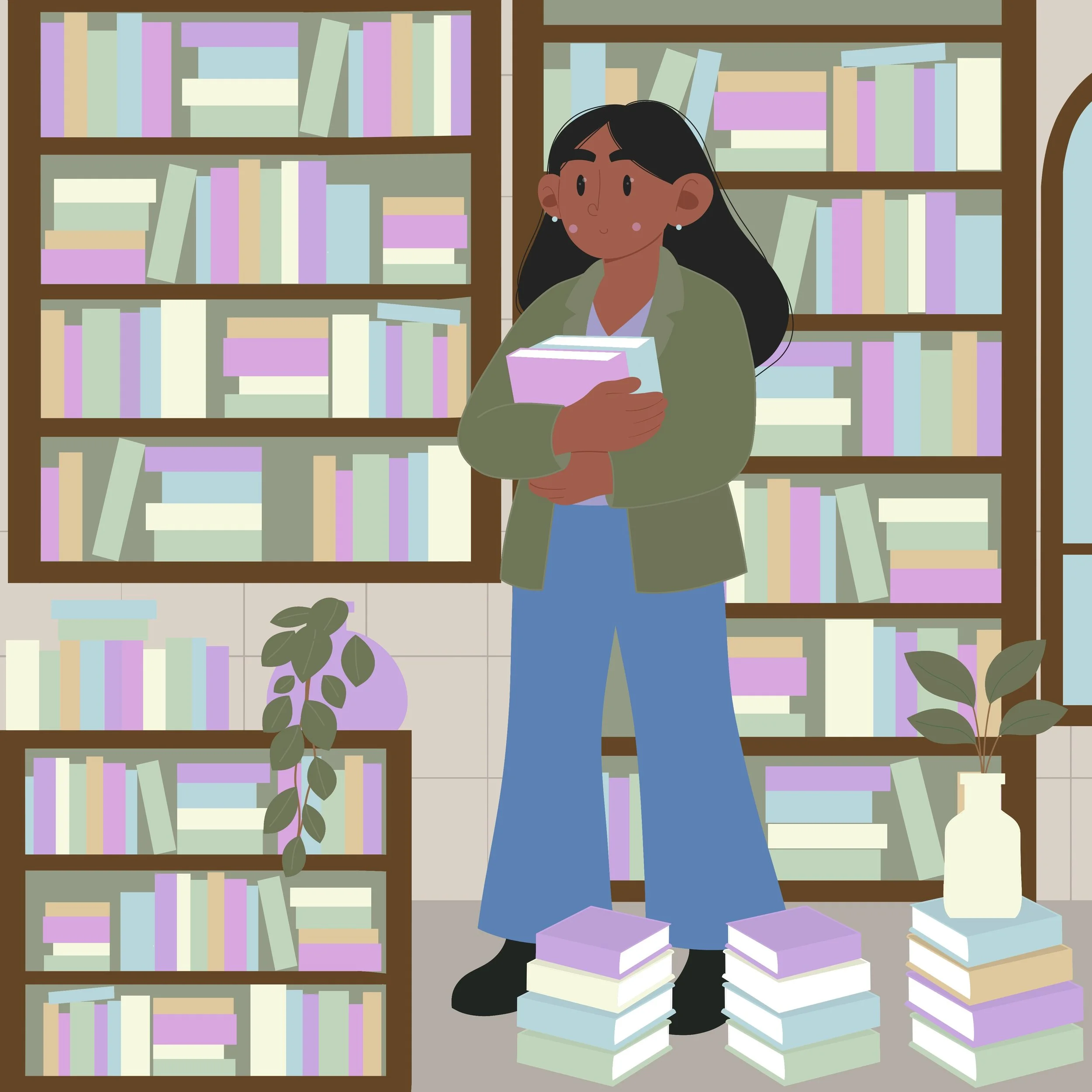 A person with dark skin and long dark hair standing in front of bookshelves, holding a stack of books, surrounded by books on the floors and a plant in a purple pot.