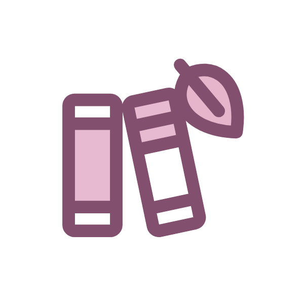 Illustration of three books and a magnifying glass in purple color.