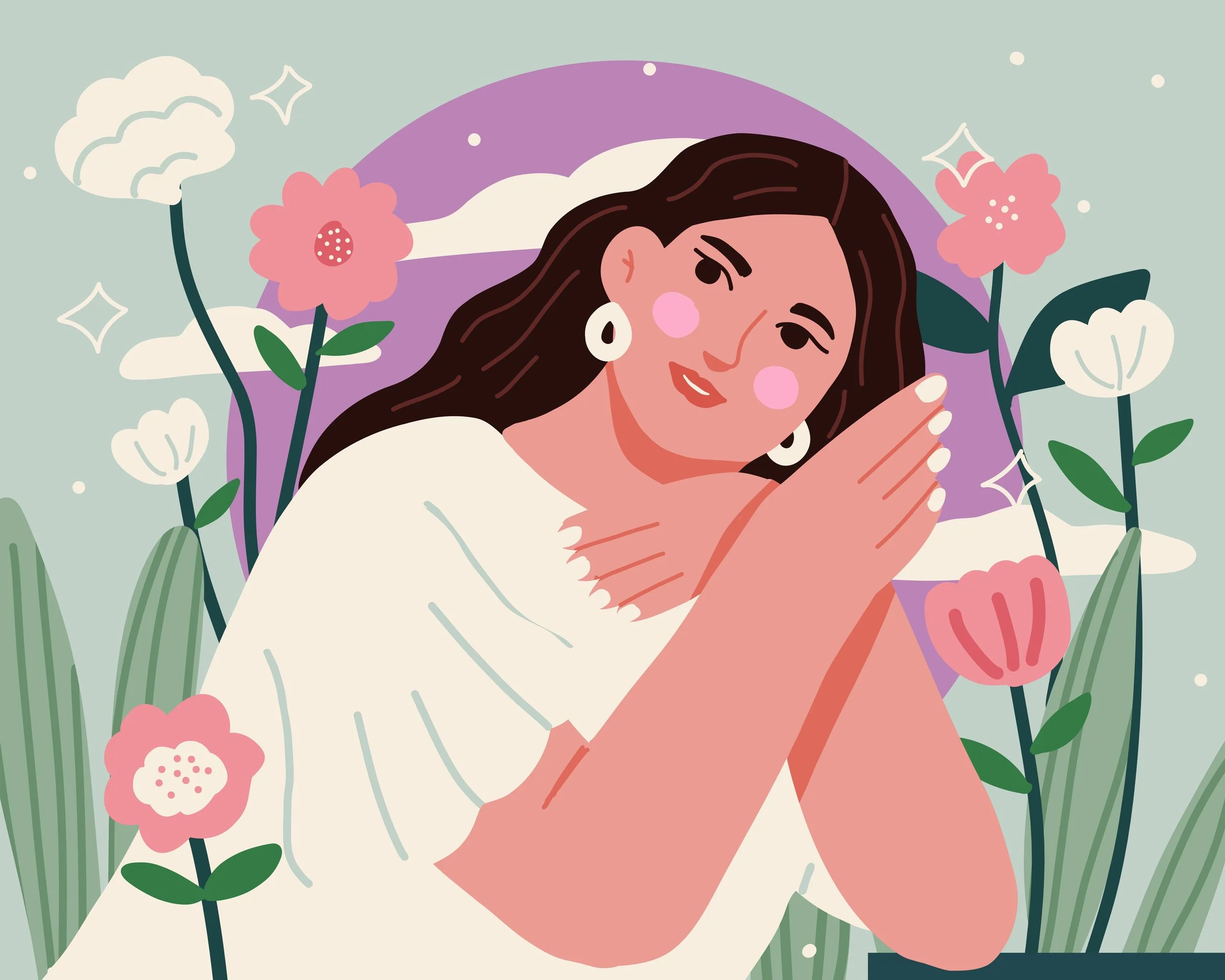 An illustrated woman with long dark hair and earrings, smiling with closed eyes, surrounded by pink and white flowers and green foliage against a pastel background.