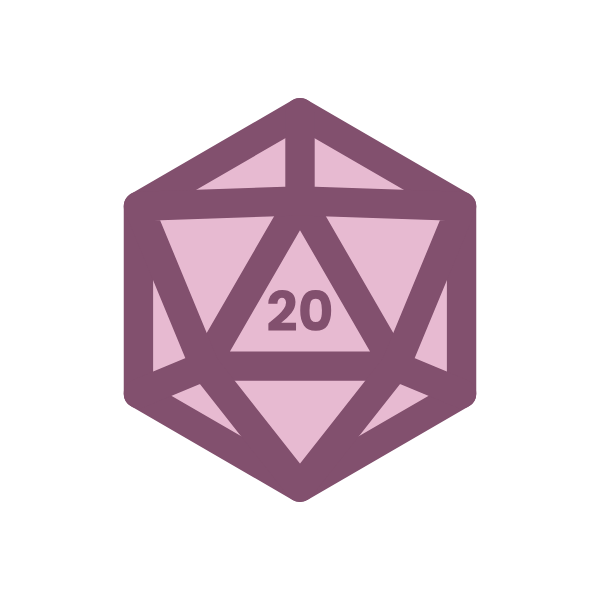 A pink 20-sided die (d20) used in tabletop role-playing games, with the number 20 facing forward.