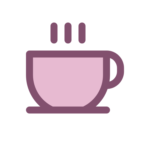 Icon of a pink coffee cup with steam lines above it, outlined in purple.