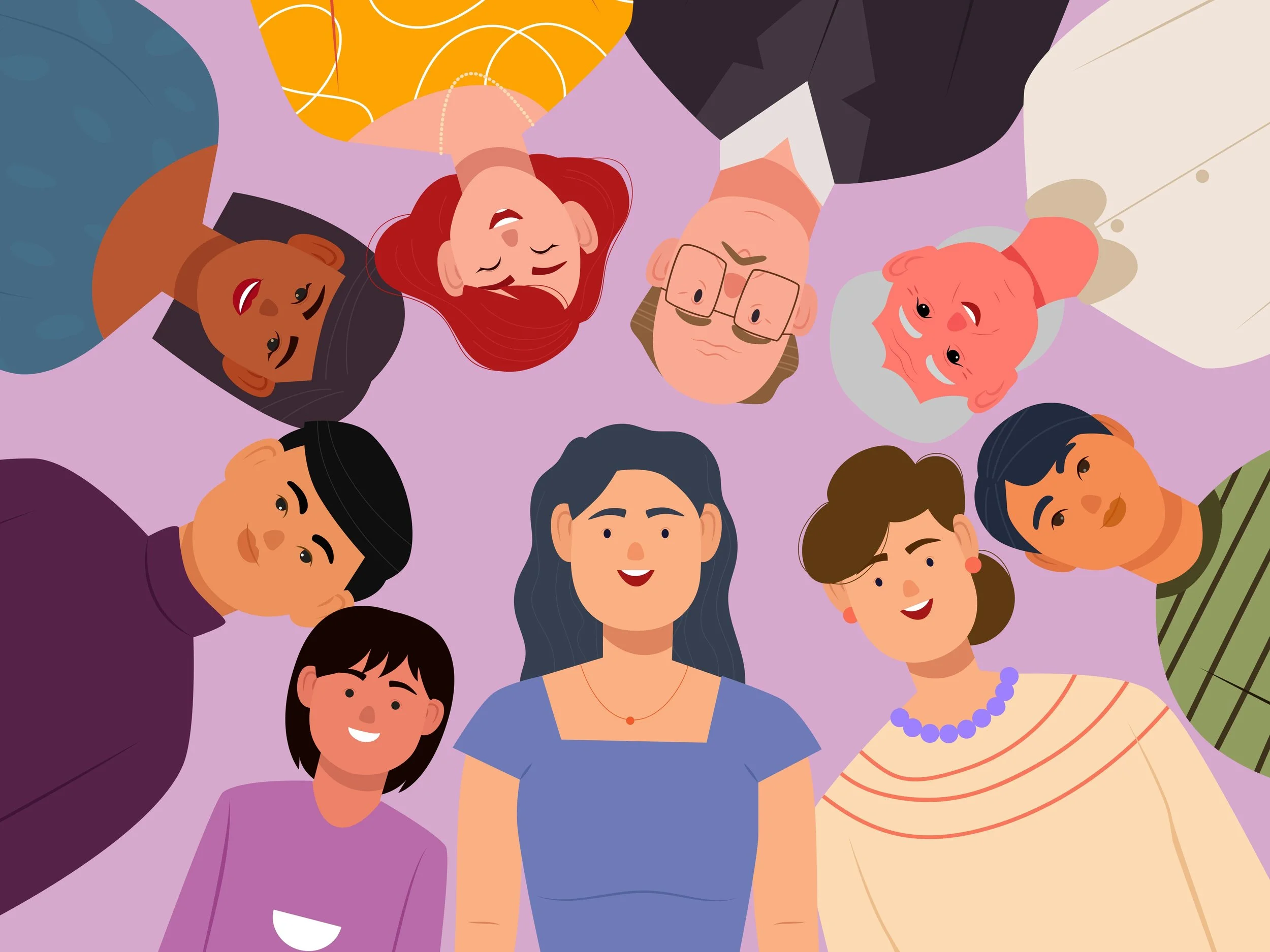 Illustration of diverse group of people lying in a circle with heads touching, smiling and relaxing in a colorful setting.