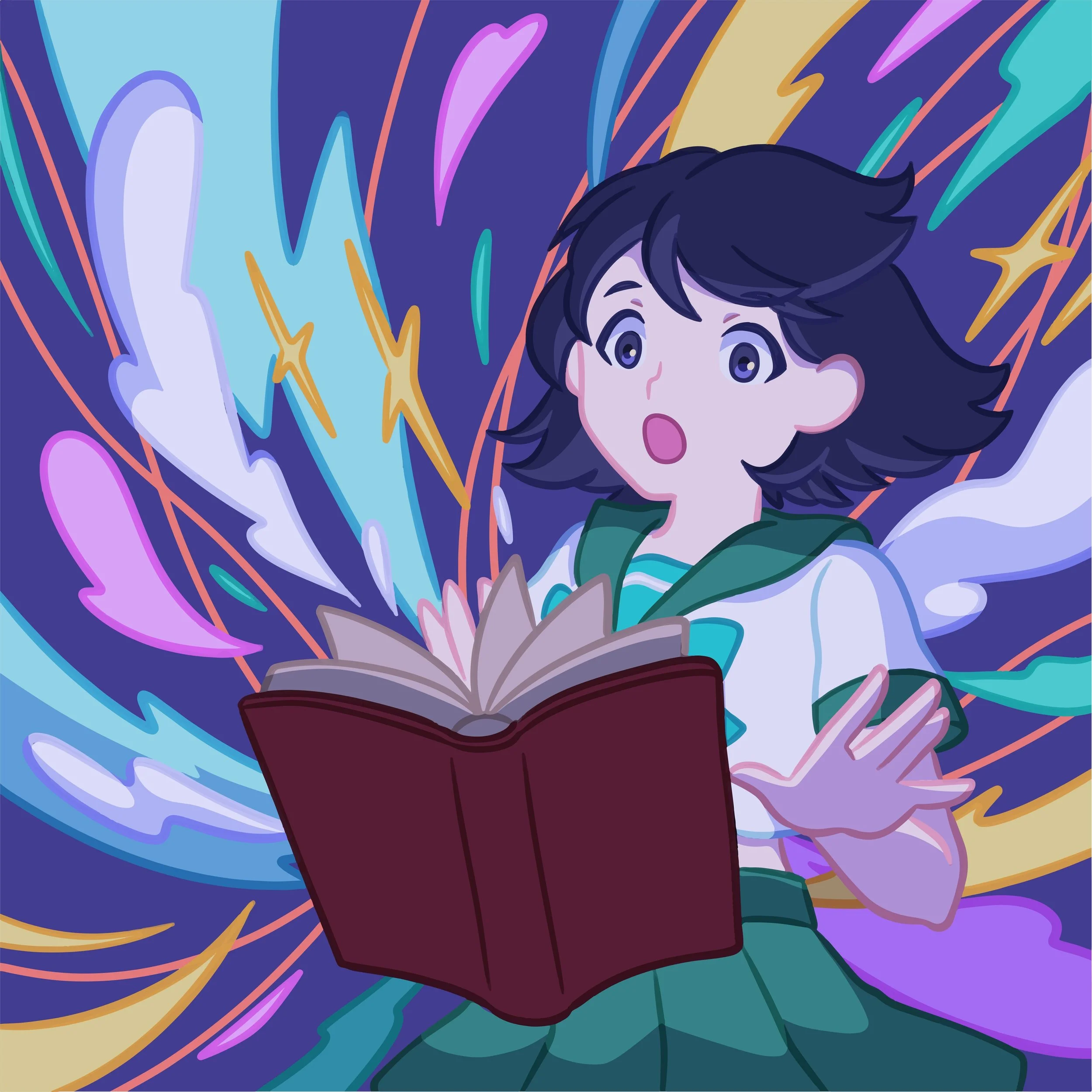 Anime-style illustration of a young person with dark hair reading a book, surrounded by exploding colorful, mystical elements and lightning effects.