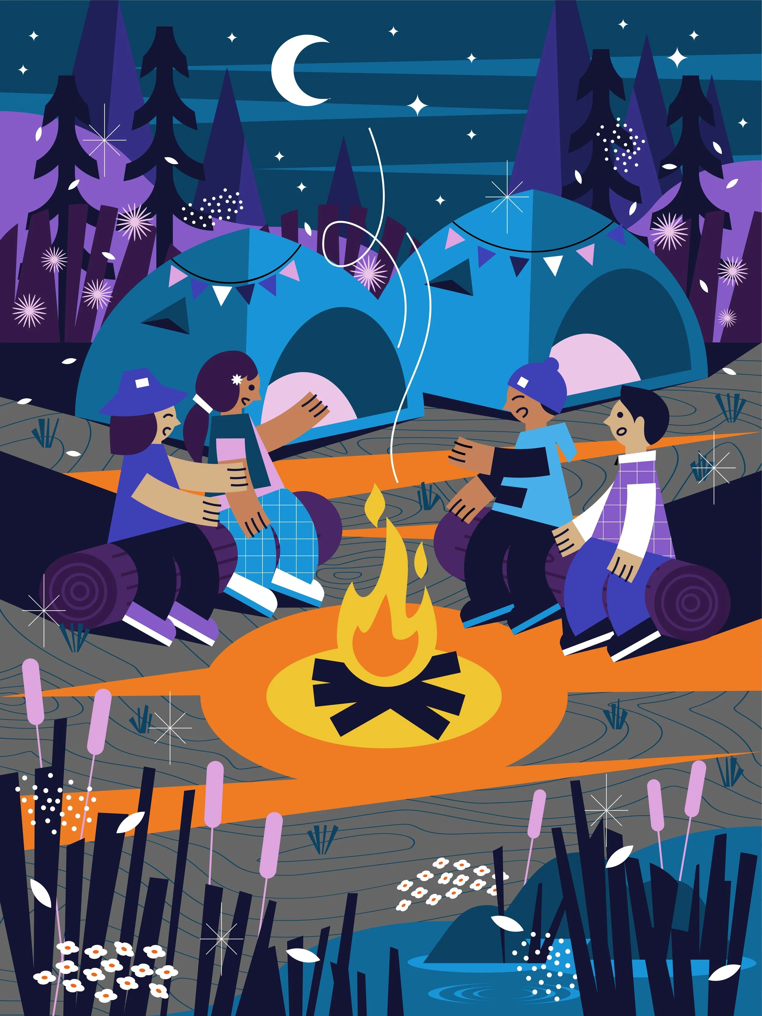 A stylized illustration of a camping scene at night with two blue tents, a campfire, and four children sitting around it. The sky features a crescent moon, stars, and clouds, with trees in the background and plants around the area.