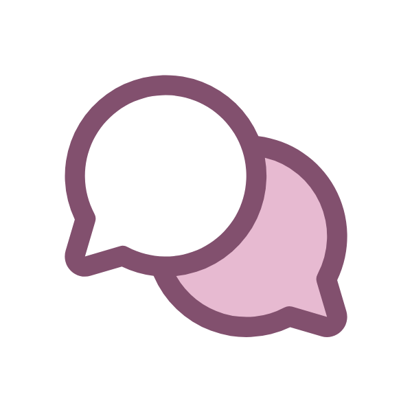 Two overlapping speech bubbles, one dark purple and one pink, with a simple, minimalistic style.