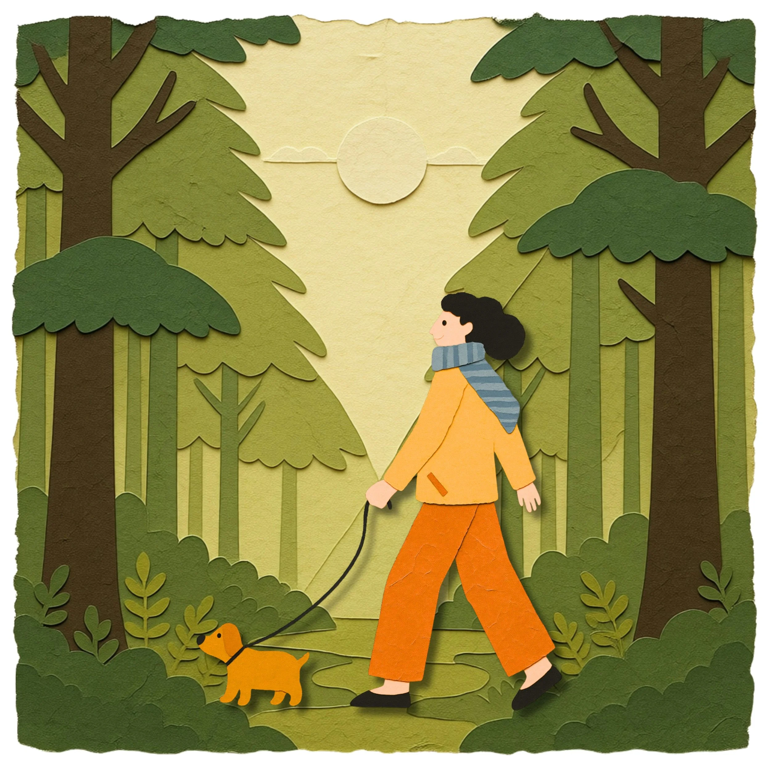 A paper collage of a boy walking a small yellow dog in a forest with tall trees and green bushes, during sunset.