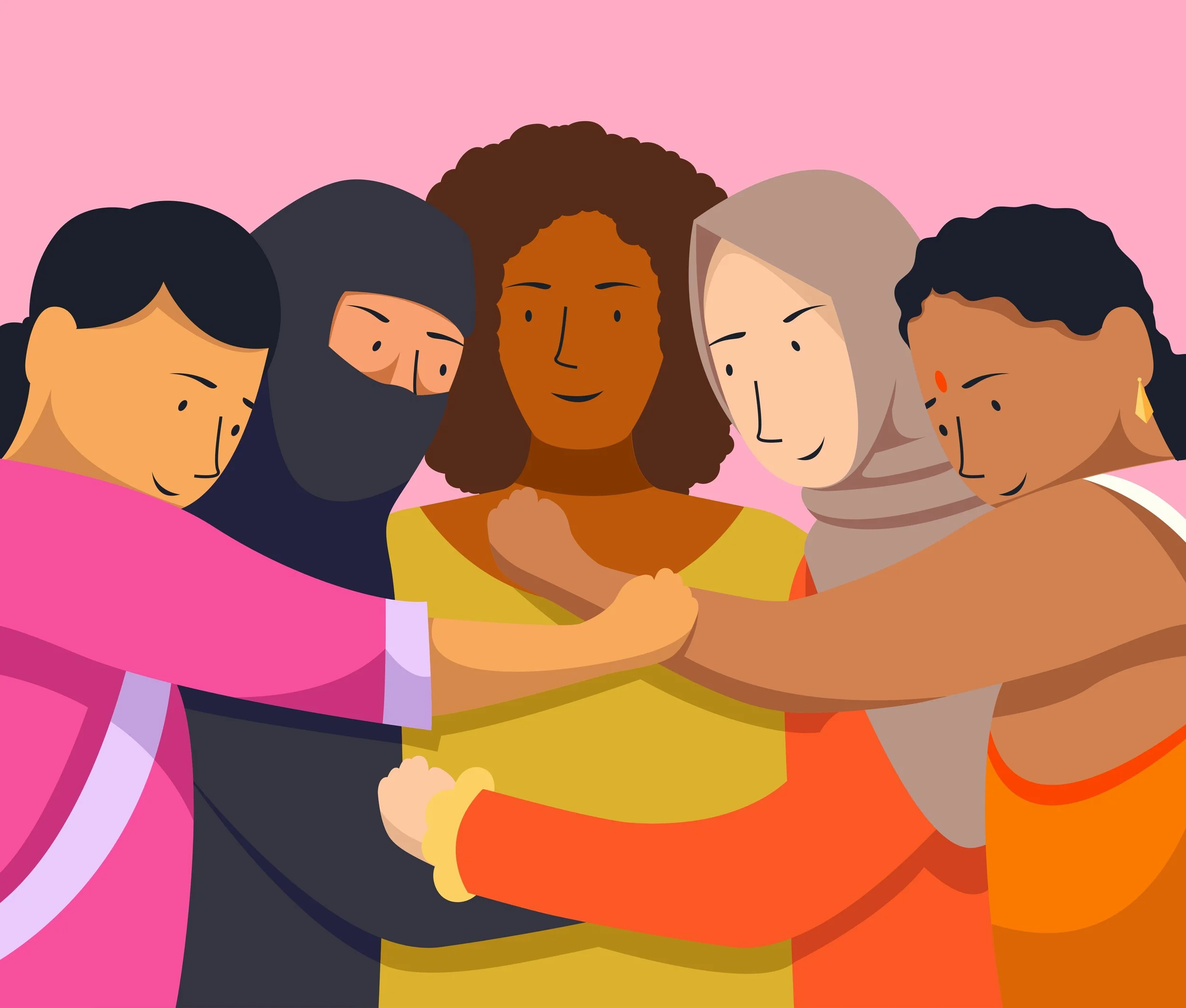 Six women of diverse ethnicities hugging each other in a group hug against a pink background.