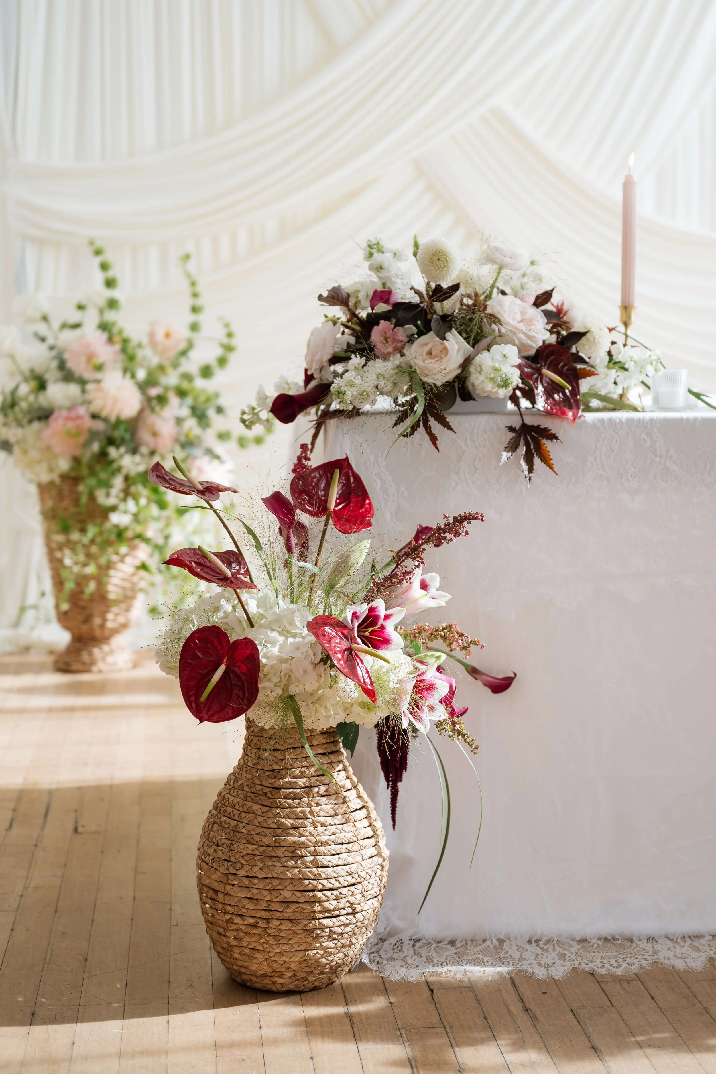 Modern blush and burgundy florals at Seattle wedding hall by Love Letter