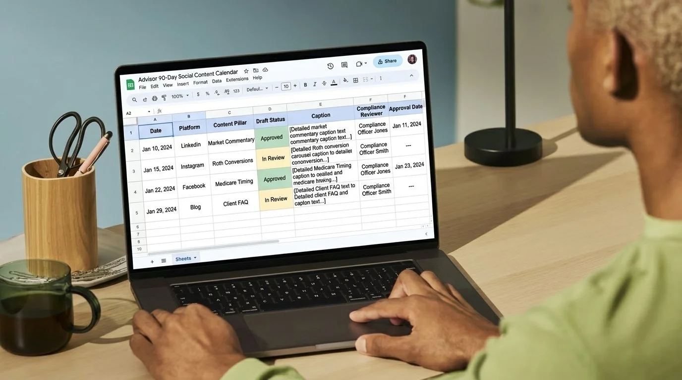 0-day social content calendar template with compliance review column for financial advisors