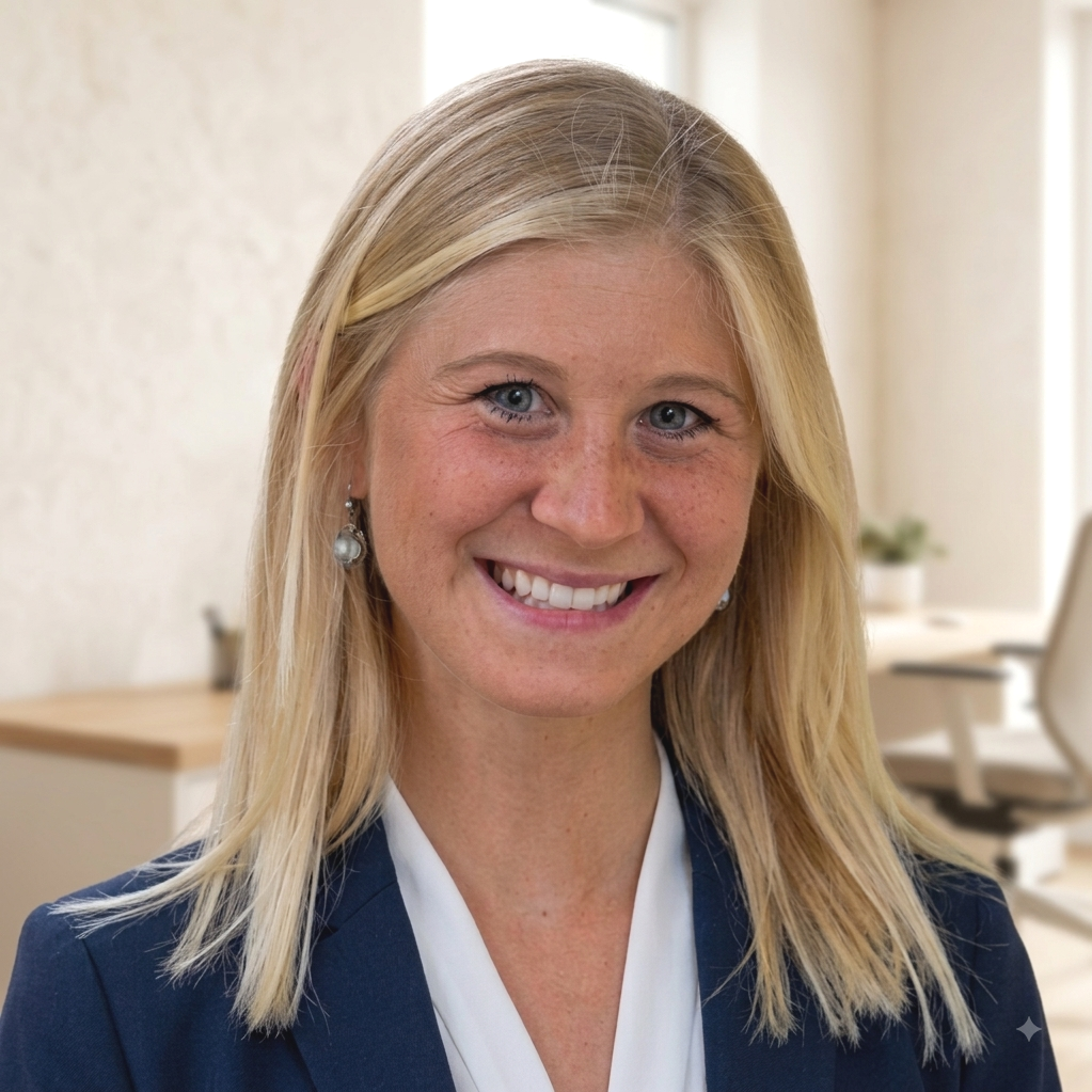 Simona Ondrejkova who does marketing for financial marketing is a young woman with blonde hair, blue eyes, and fair skin, smiling in an office setting.
