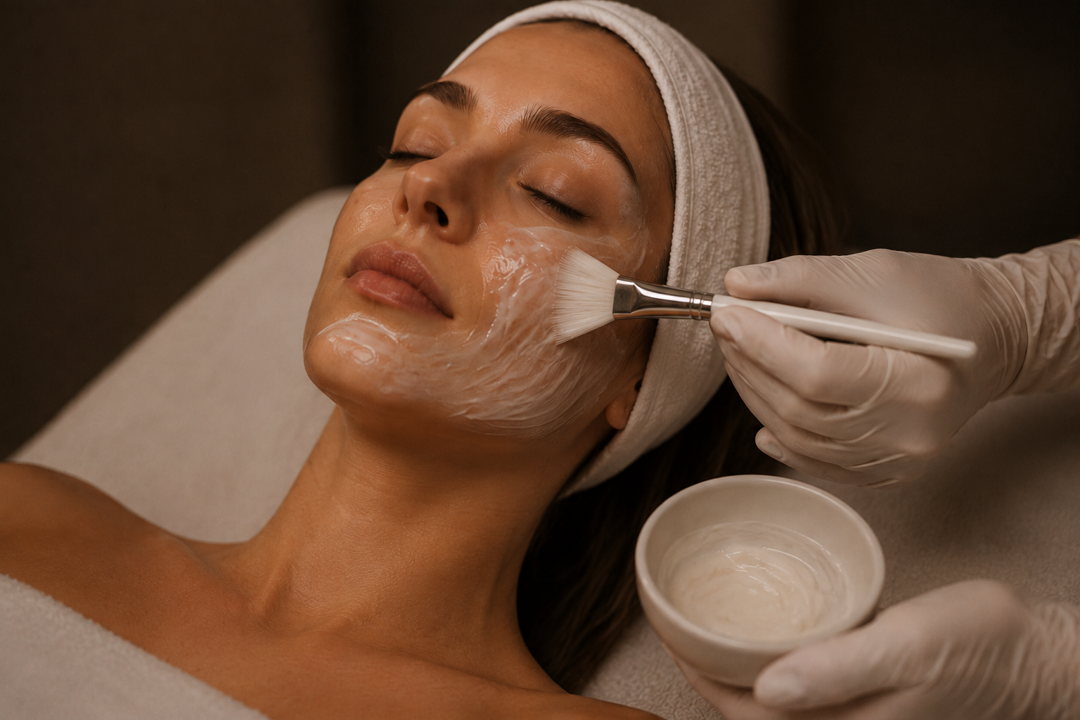 A woman receives a facial treatment, with a skincare product being applied to her face using a brush, while she relaxes with her eyes closed.