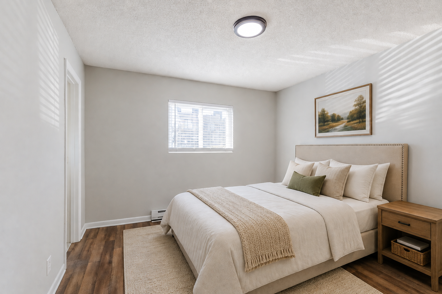 A neatly made bed with beige bedding and multiple pillows, a wooden nightstand, and a landscape painting above the headboard in a bright, minimal bedroom.