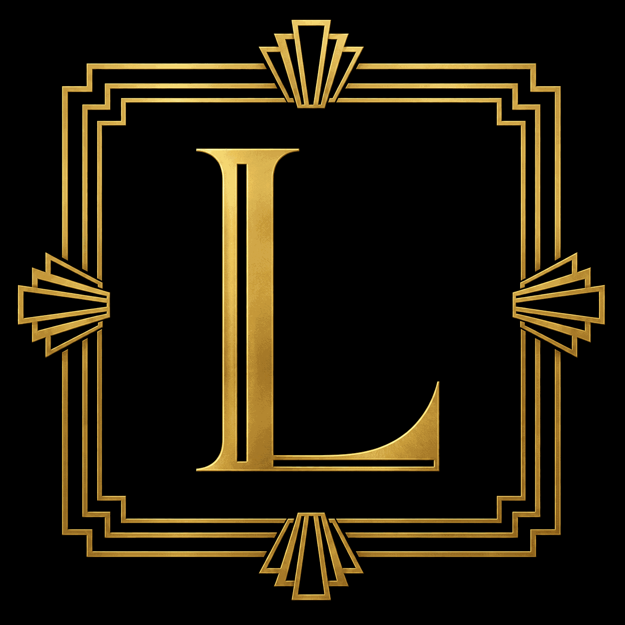 A large, gold letter 'L' on a black background, surrounded by an ornate, geometric gold frame.