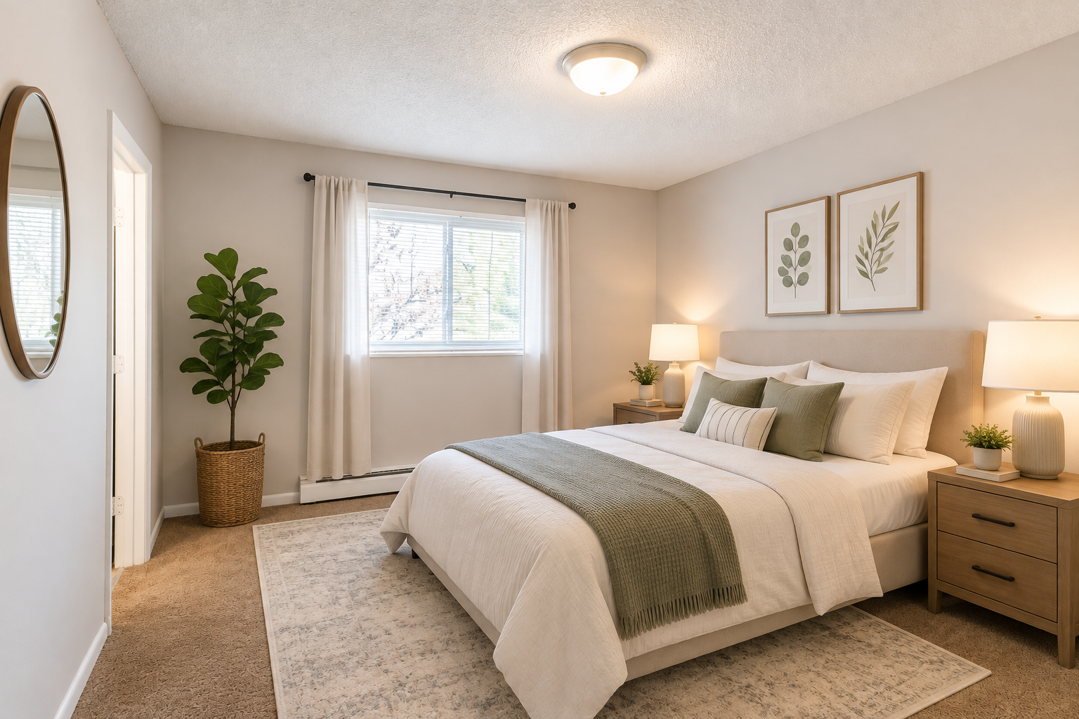 A bedroom with a neatly made bed, two nightstands with lamps, framed leaf artwork above the bed, a potted plant on one nightstand, and a large window with white curtains.
