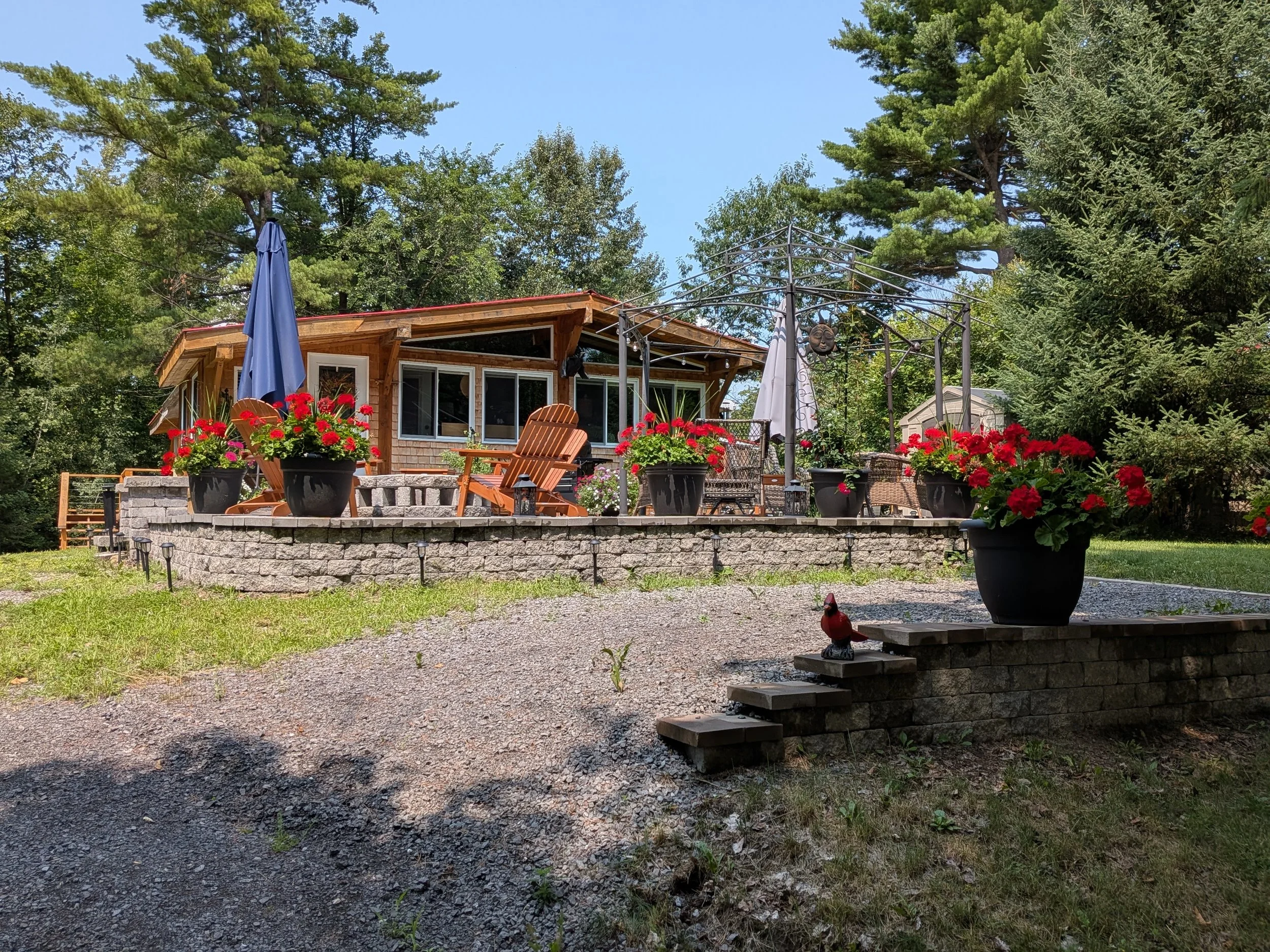 A backyard patio area with potted red flowers, wooden chairs, a stone wall, an umbrella, and a small decorative sun face, surrounded by tall trees and a clear blue sky.