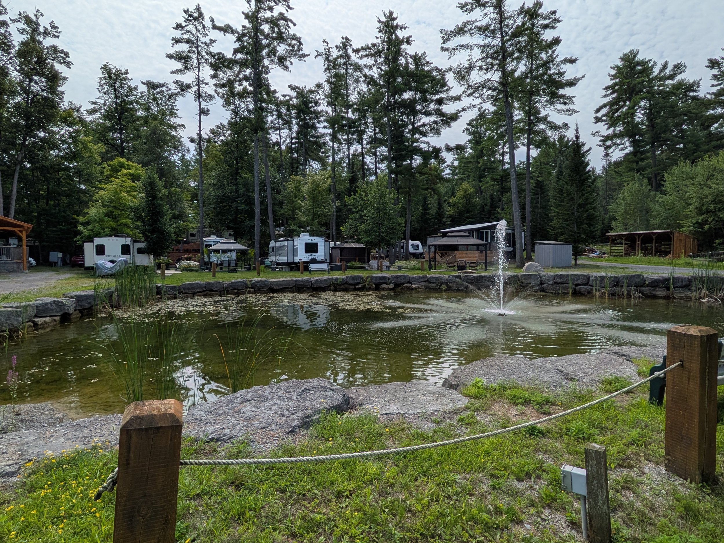 A pond with a fountain, surrounded by rocks and greenery, with tall pine trees and RVs in the background, under a partly cloudy sky.