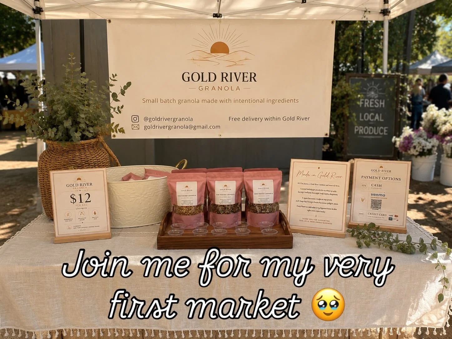 I&rsquo;m doing my first market on Sunday at the @goldriversundaymarket 
Come by to say hi and try a sample 😋 So excited to meet my customers in person! 

#granola #smallbatch #market