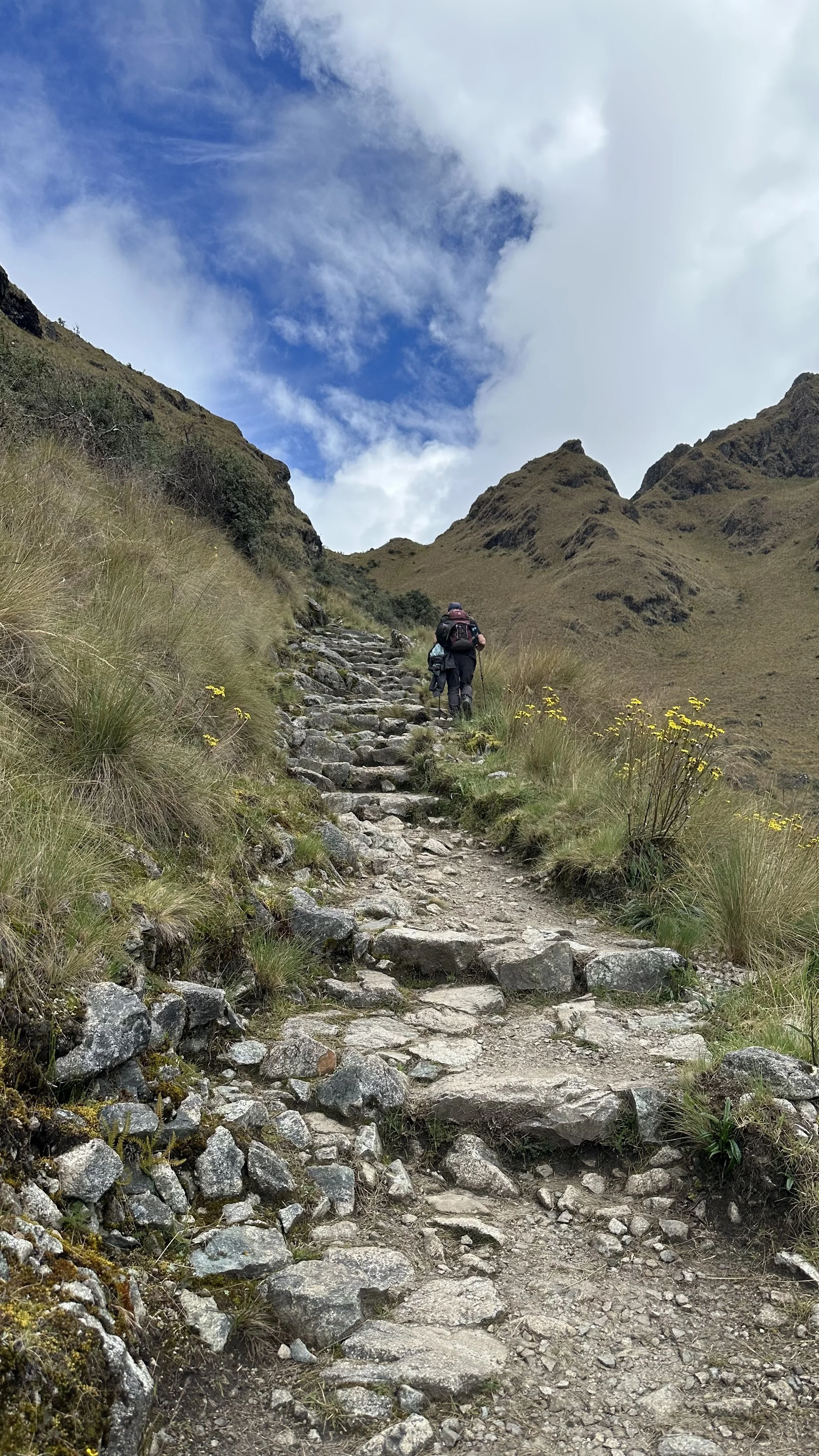A person hiking up a rocky trail in a mountainous area with grassy slopes and a partly cloudy sky.