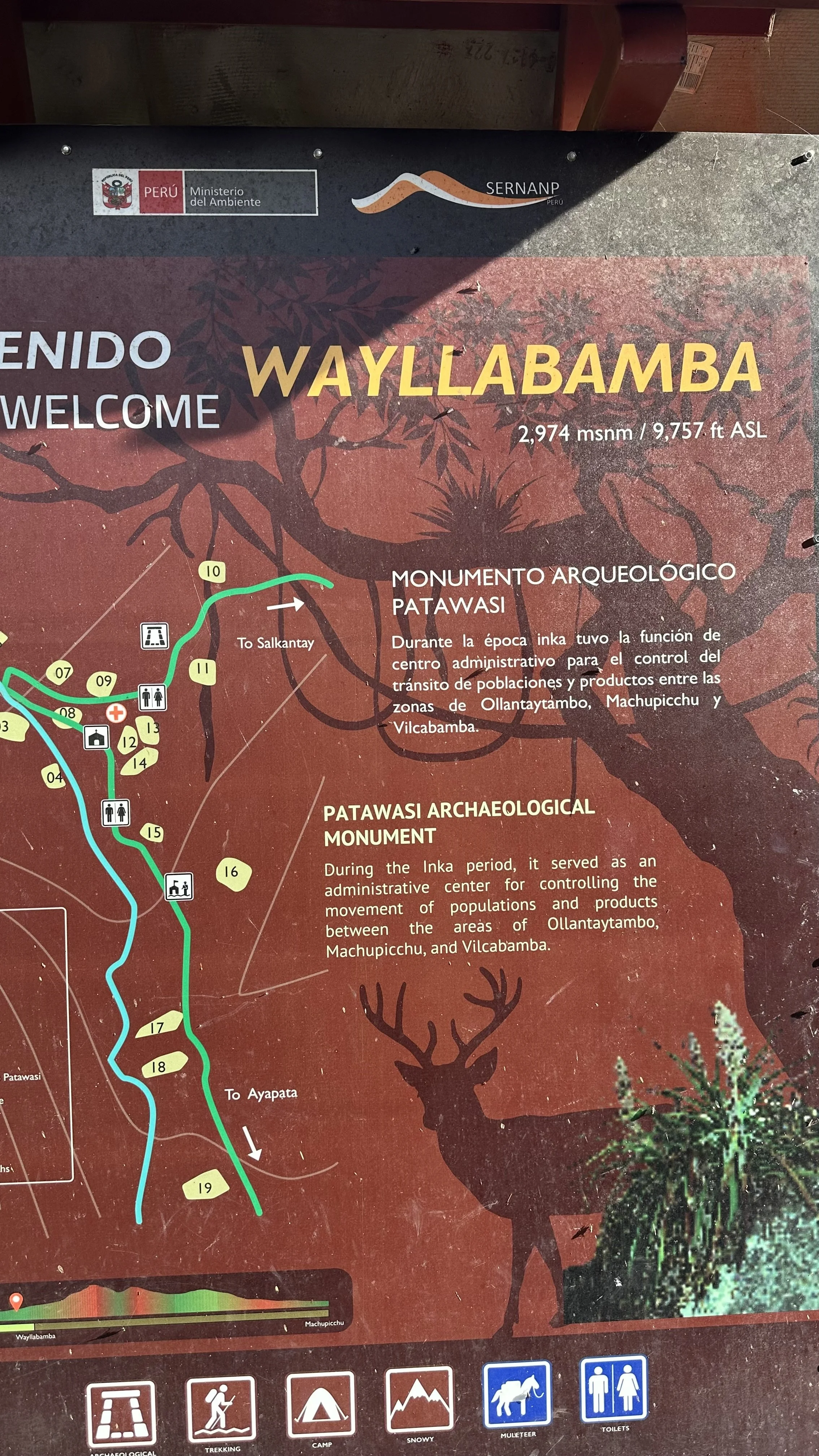 Wayllabamba campsite sign, Inca Trail Day 1, 9757 feet