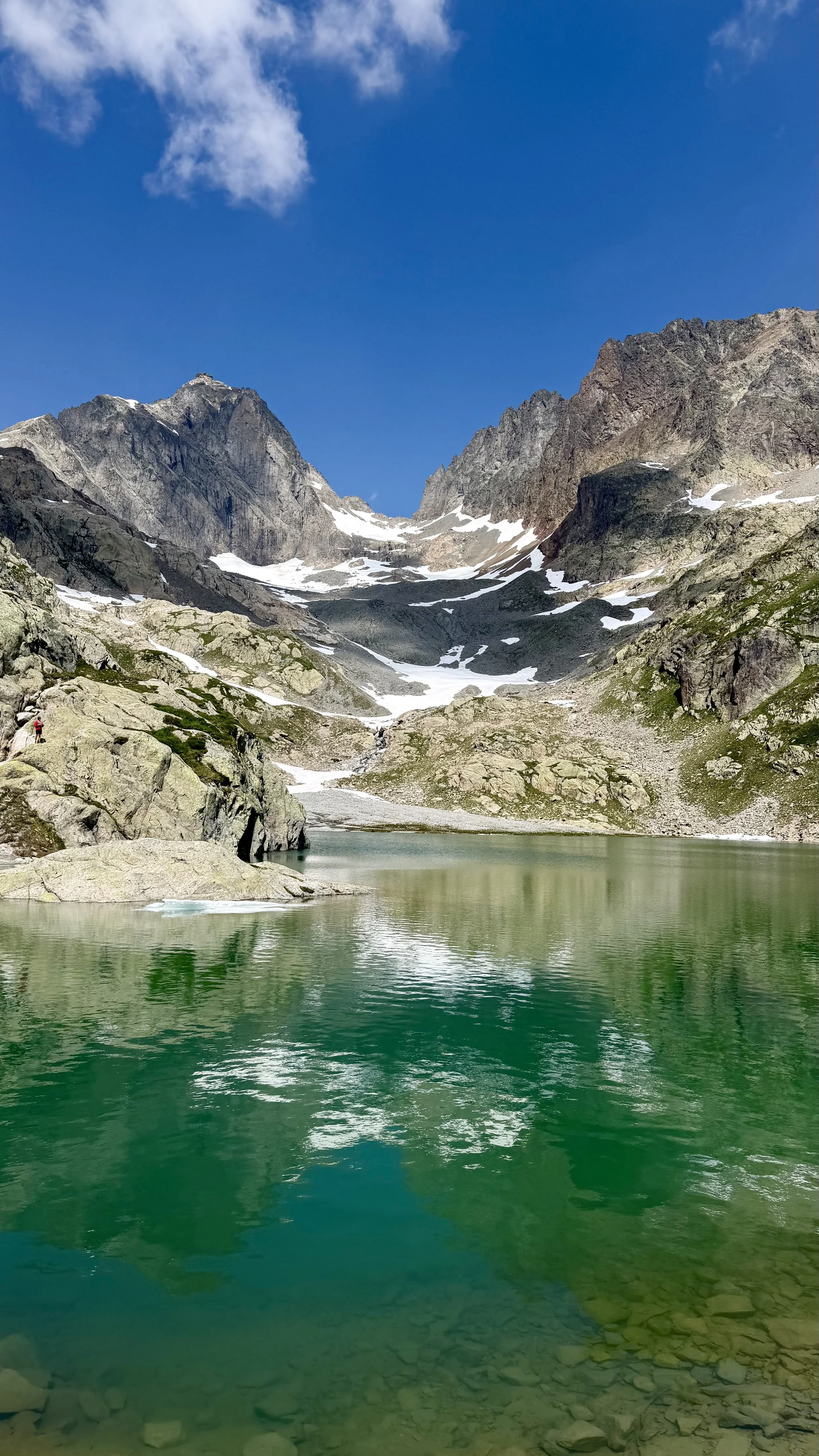 Mountain landscape with a lake in the foreground, rocky slopes, snow patches, and steep mountain peaks under a partly cloudy blue sky.