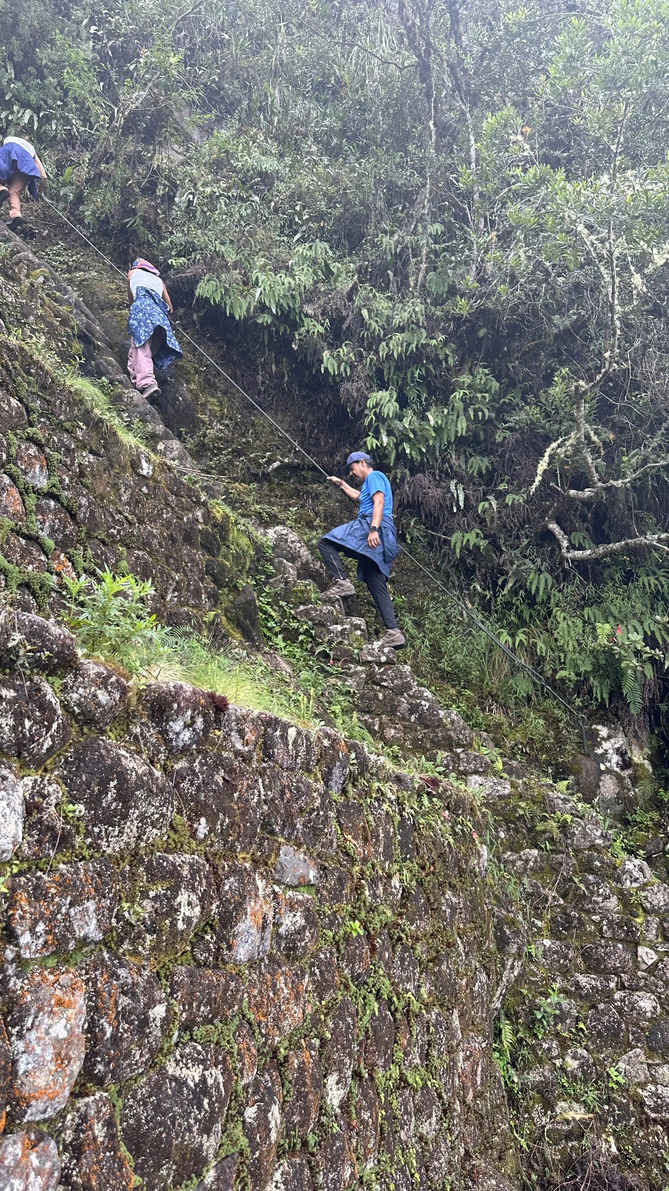 Hiker using fixed rope on steep Huayna Picchu trail