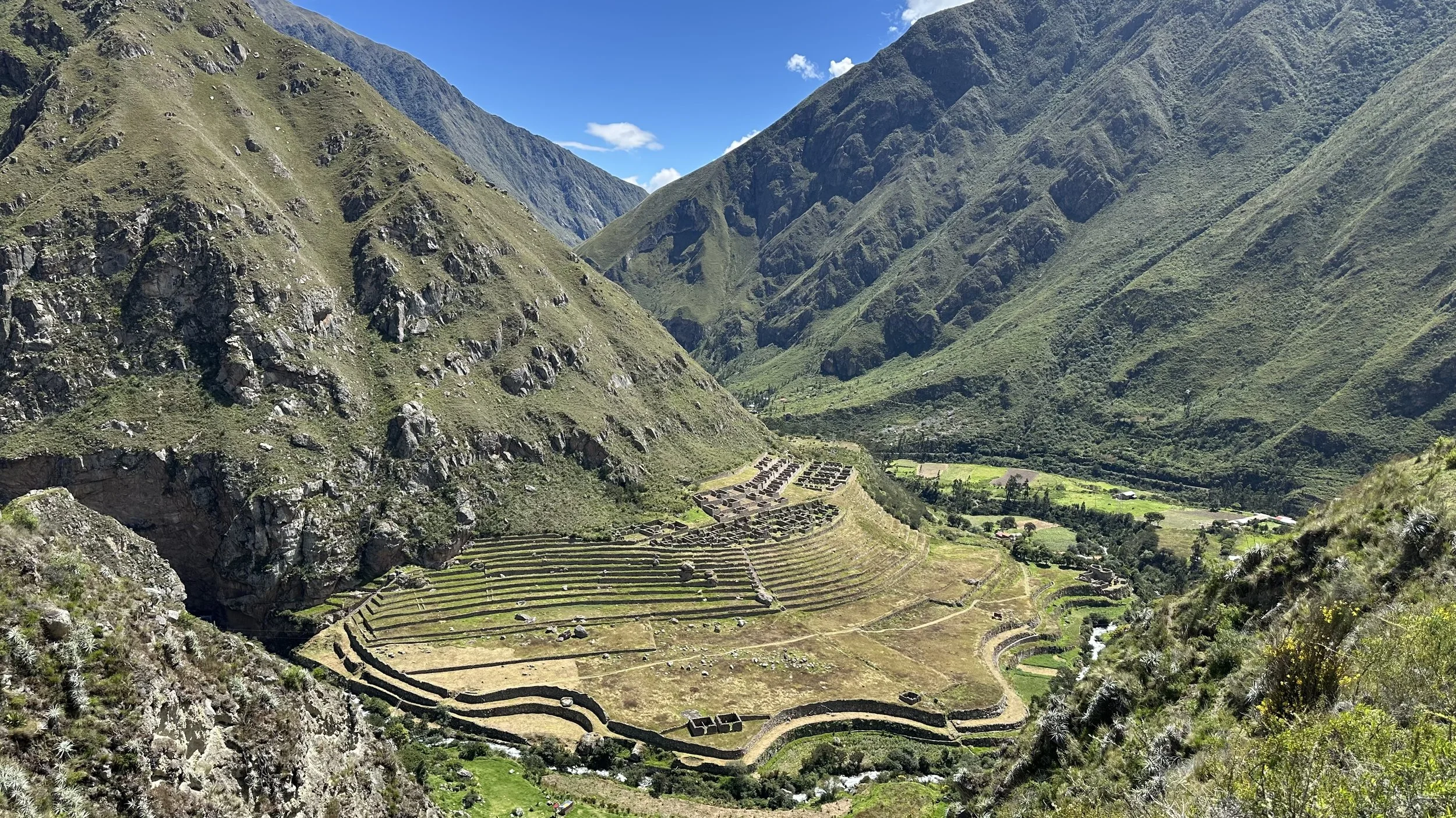 Aerial view of Patallacta ruins on the Inca Trail Day 1