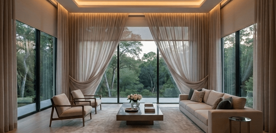 Living room with large glass windows, beige curtains, and modern furniture including a beige sofa, two accent chairs, a wooden coffee table, and outdoor greenery visible through the windows.