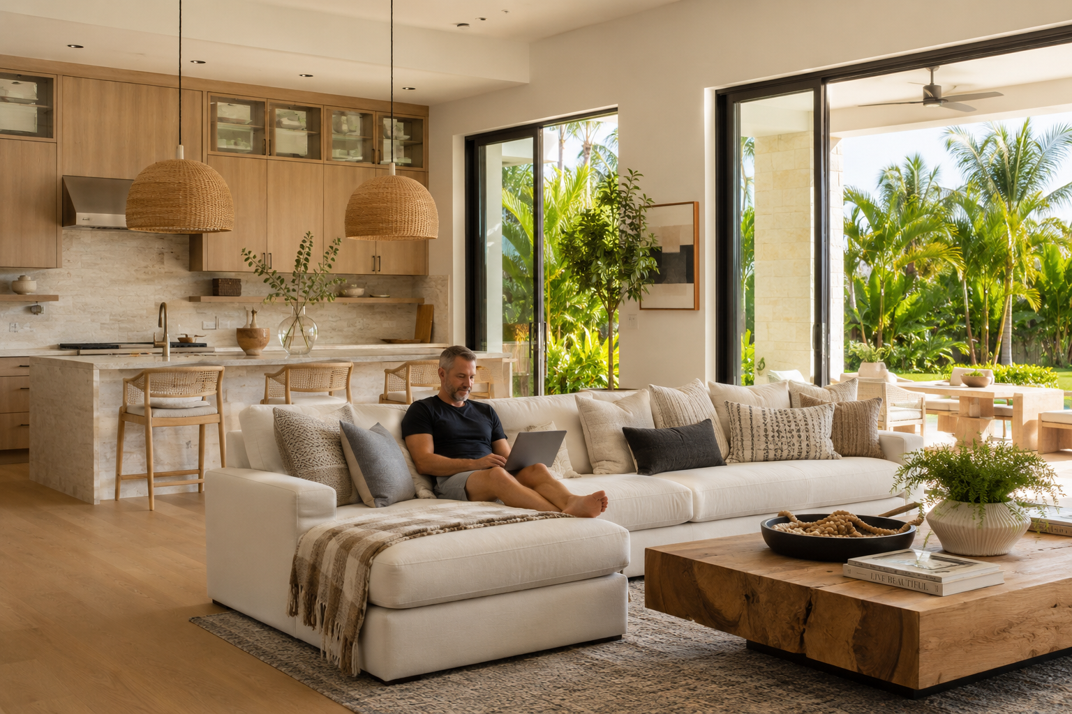 Man working from home in Palm Beach living room with strong Wi-Fi