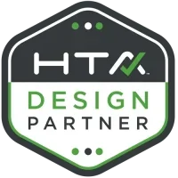 HTX Design Partner logo with a black and green shield-shaped design.