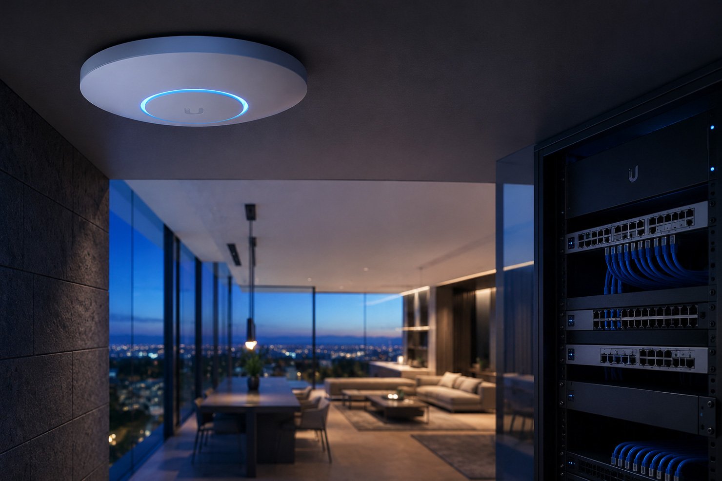 Modern living room in a high-rise apartment with large windows showing city views at dusk, featuring a dining table, chairs, a sofa, and a visible server rack in the foreground.