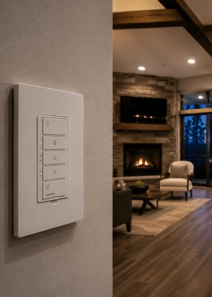 A wall-mounted remote control panel with buttons for lighting and possibly other controls, in a cozy living room with a fireplace and TV, during evening hours.