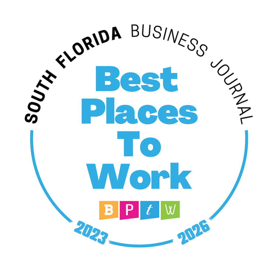 A badge with the text "Best Places To Work" in blue, surrounding text indicating South Florida Business Journal, with the years 2023 and 2026 at the bottom, and colorful boxes with the letters B, P, t, and W.