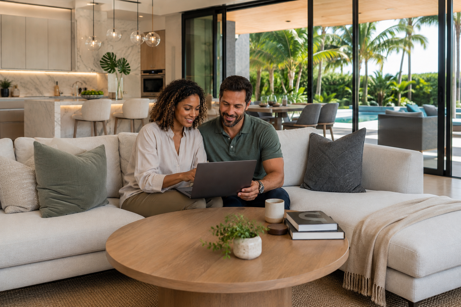 Two homeowners looking at a laptop together in a bright living room, planning a home technology project
