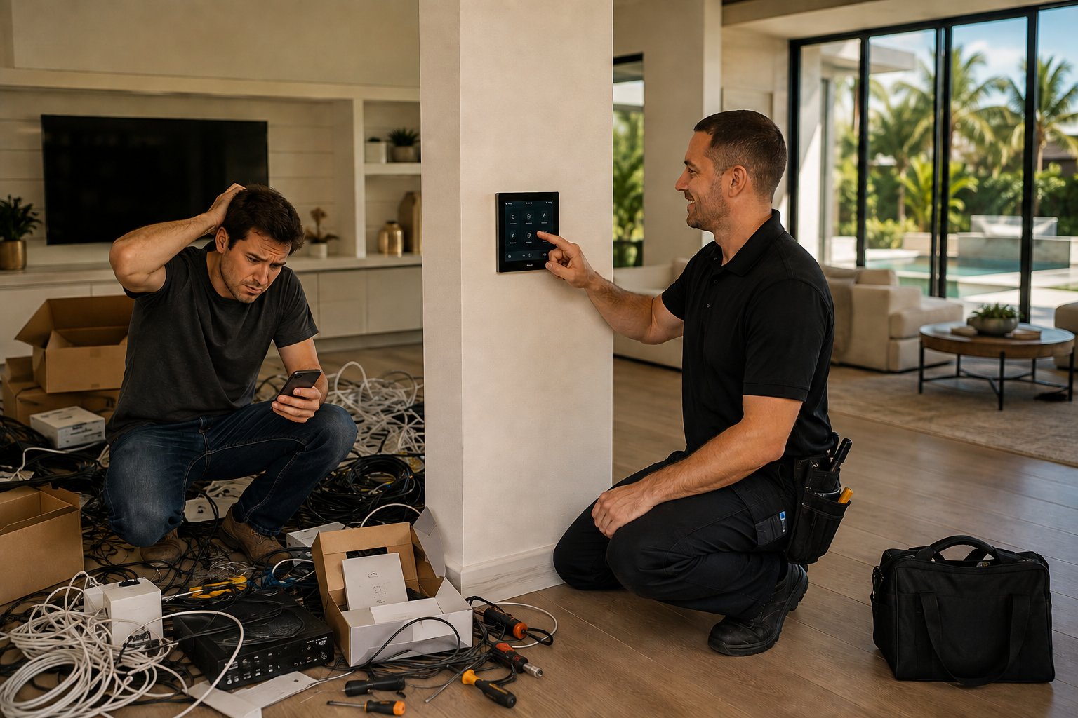 Home technology integration professional helps DIY homeowner with technology installation