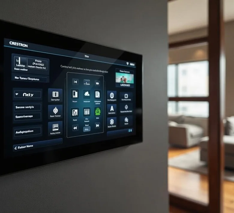 A wall-mounted touchscreen control panel in a modern living room, displaying a home automation interface with various menu options.