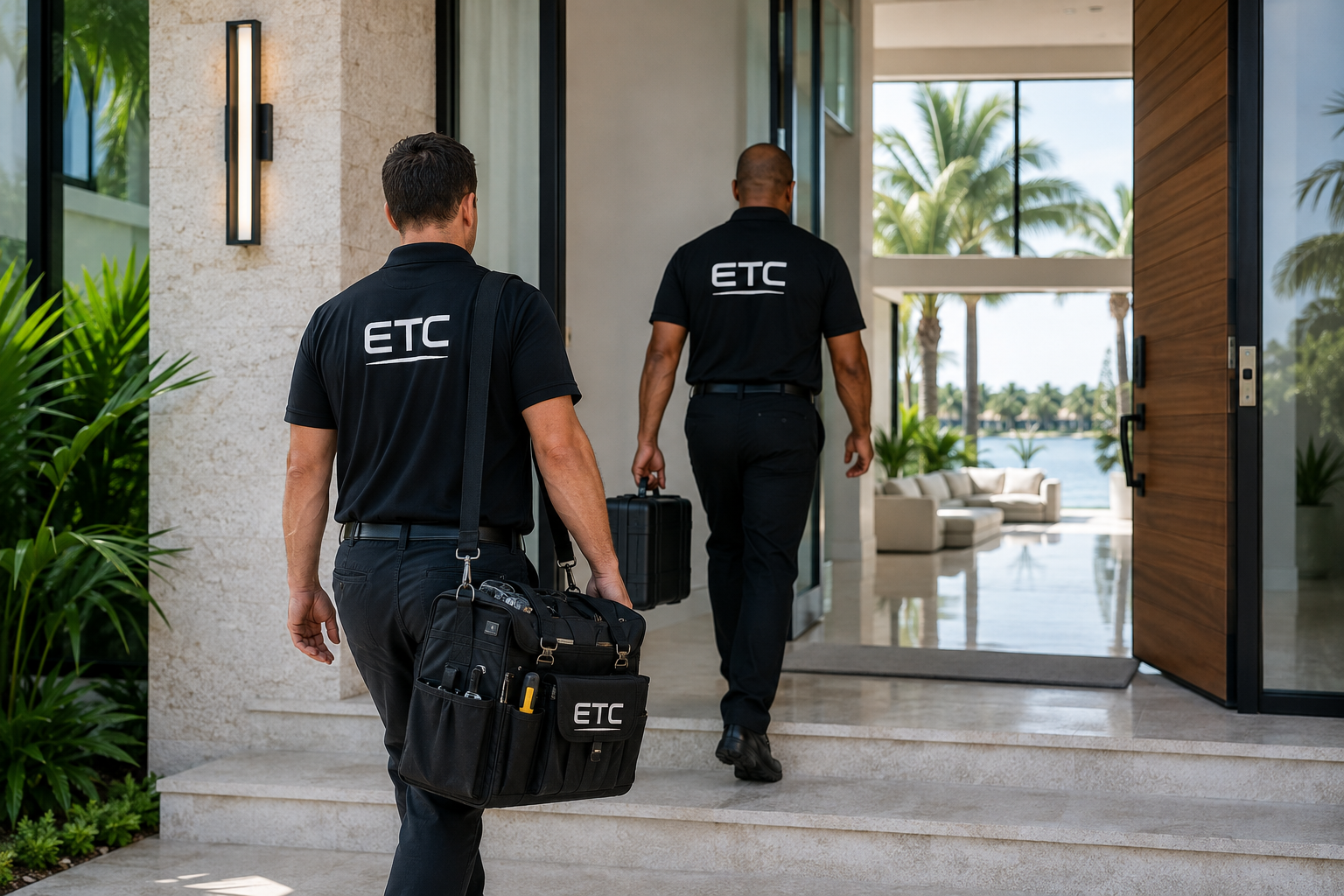 Two ETC Florida technicians arriving at a client's home for a service call