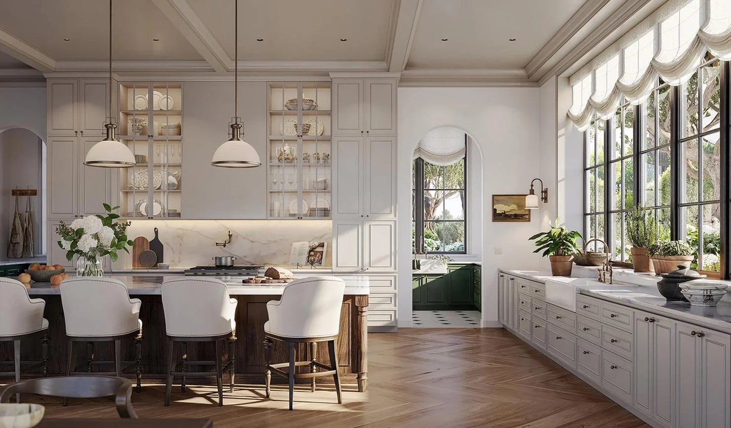 Bright kitchen with white cabinets, large windows, wood flooring, and a central island with white chairs. Decor includes flowers, plants, and kitchenware.