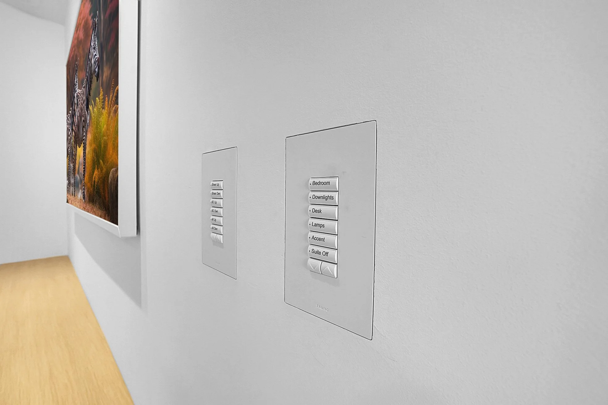 A gold-colored wall switch panel with illuminated icons, including a hand, a seated figure, a computer monitor, a wine glass, a circle in a square, a house, and a padlock.