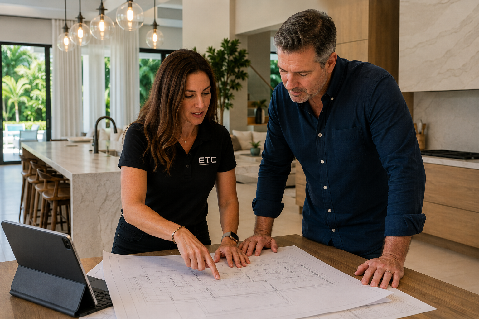 A woman and a man reviewing blueprints on a kitchen counter, with a laptop nearby, in a modern home with large windows and pendant lights.