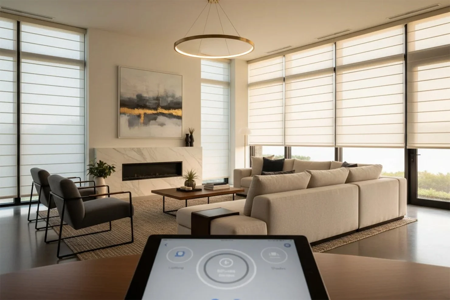 Modern living room with beige sofas, armchairs, a coffee table, large windows with blinds, a fireplace, painting, and decorative items.